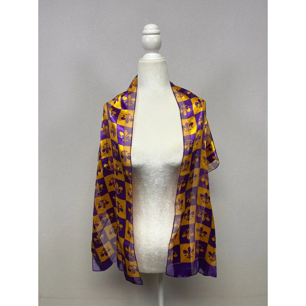 Mardi Gras New Orleans Womens OS Purple Gold Fleur De Lis Scarf Shawl